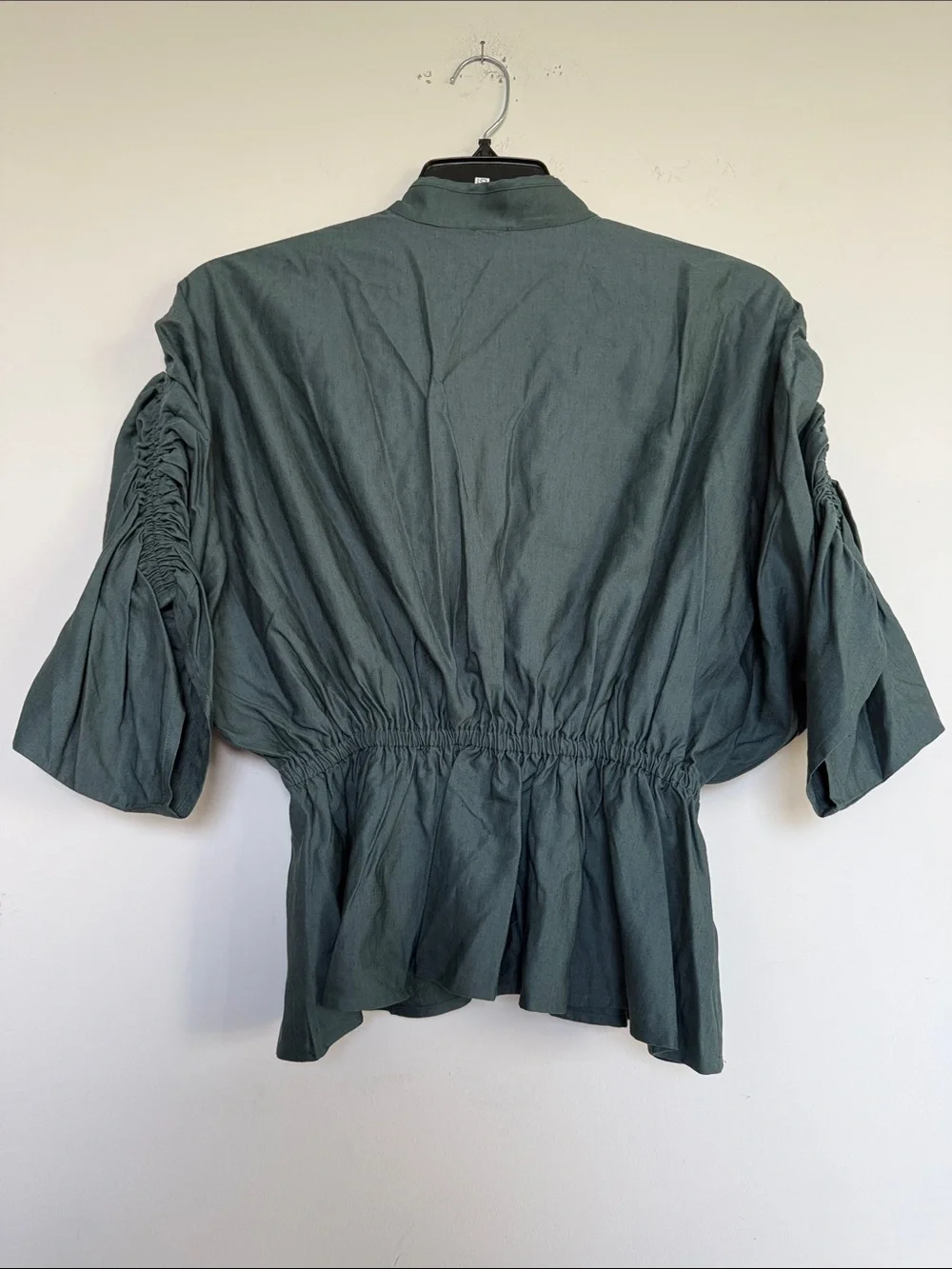 Maeve Teal Green V-Neck Ruched Sleeve Peplum Top - Picture 8 of 10